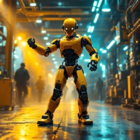A photograph of a dynamic scene featuring a humanoid robot engaged in a lively dance routine