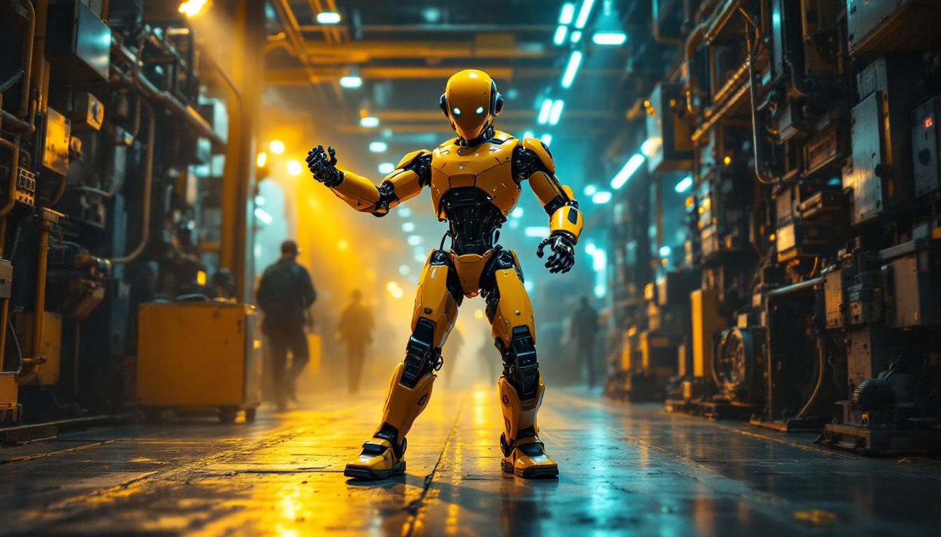 A photograph of a dynamic scene featuring a humanoid robot engaged in a lively dance routine