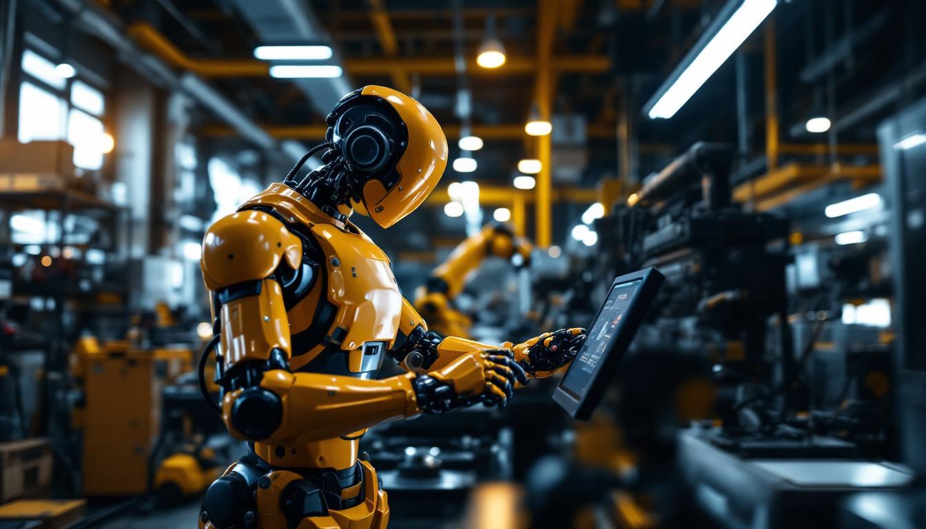 A photograph of a dynamic scene showcasing a skilled technician programming or operating an industrial robot in a modern boston manufacturing facility