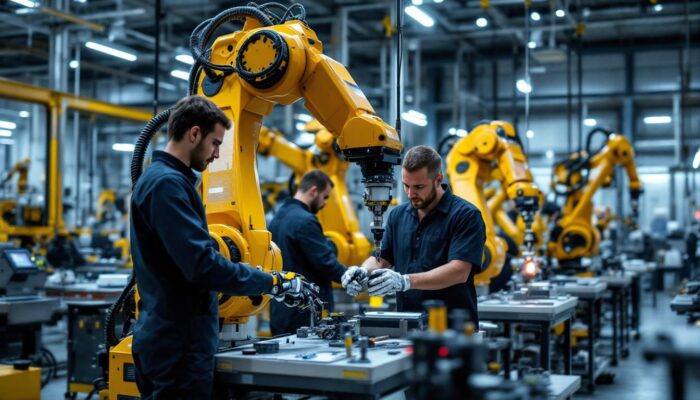 A photograph of a dynamic industrial robotics workspace