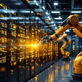 A photograph of a modern data center showcasing sleek servers and high-tech equipment alongside an industrial robotic arm in action