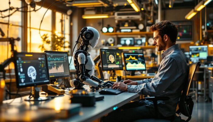 A photograph of a dynamic workspace that showcases the intersection of neuroscience and robotics