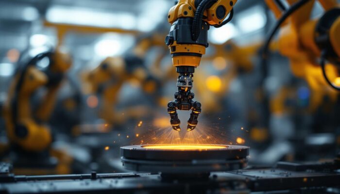 A photograph of a close-up shot of an industrial robotic arm in action