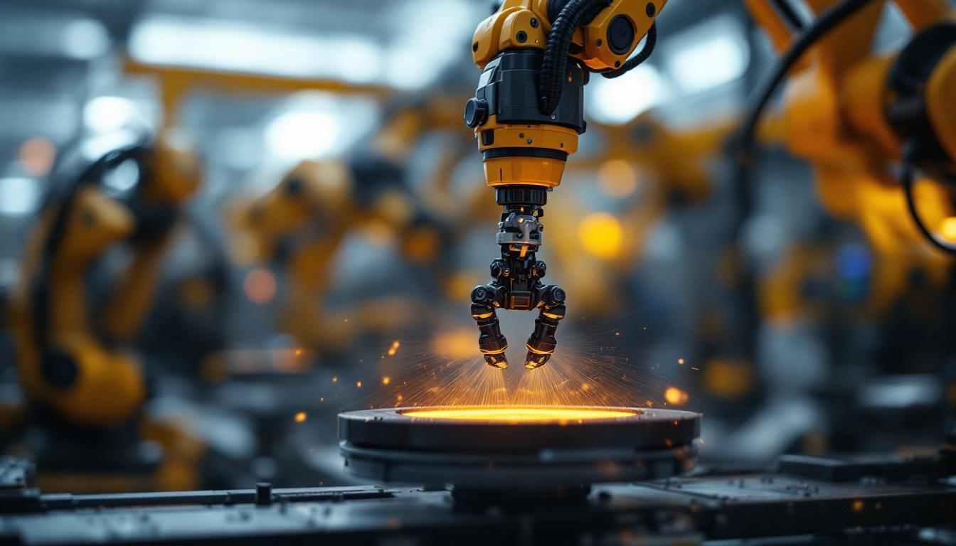 A photograph of a close-up shot of an industrial robotic arm in action