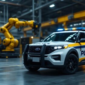 A photograph of a police explorer vehicle parked in an industrial setting