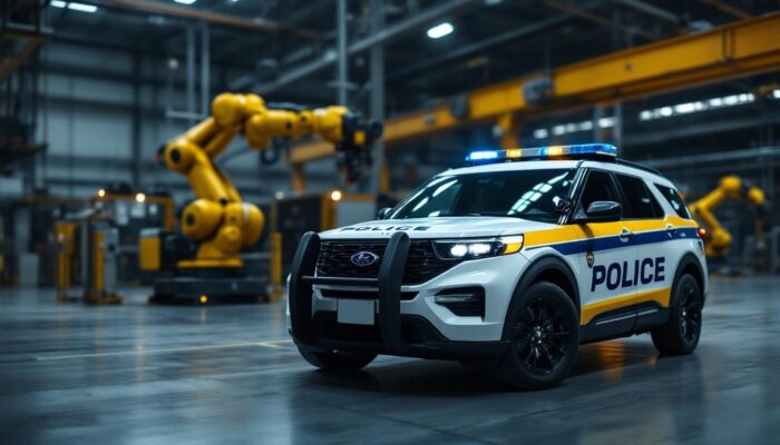 A photograph of a police explorer vehicle parked in an industrial setting