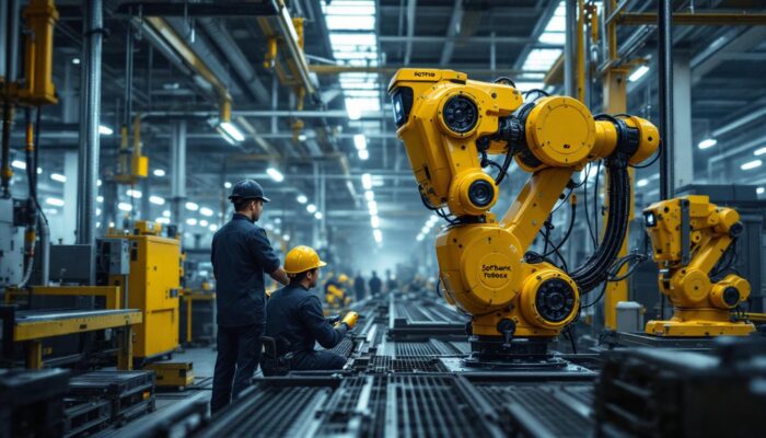 A photograph of a dynamic scene showcasing a softbank robotics unit in action within an industrial setting