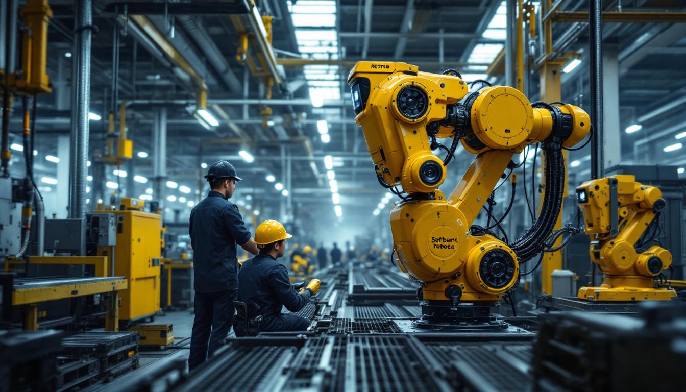 A photograph of a dynamic scene showcasing a softbank robotics unit in action within an industrial setting