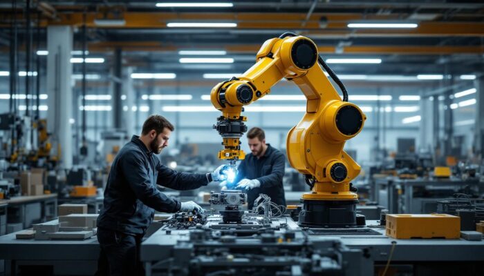 A photograph of a modern industrial workspace featuring an atlas robot in action