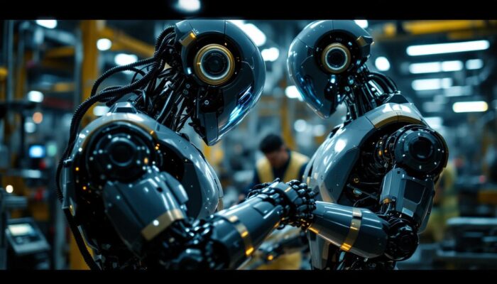 A photograph of a sleek industrial robot in action
