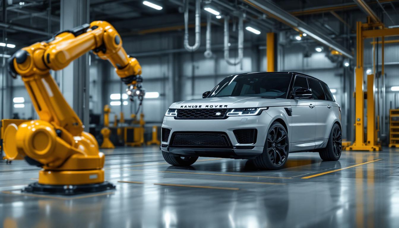 A photograph of a sleek range rover sport parked in an industrial setting