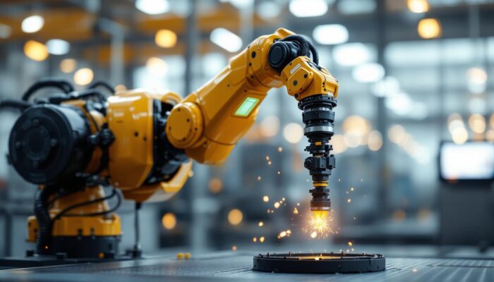 A photograph of a dynamic industrial robotic arm in action