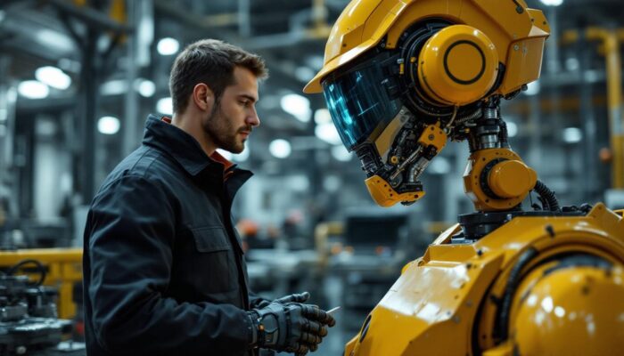 A photograph of capture a photograph of a skilled technician working alongside an industrial robot in a modern energy facility
