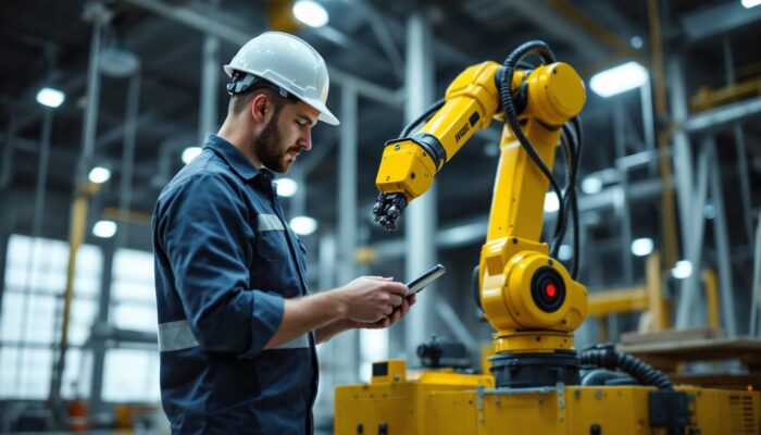 A photograph of a skilled technician programming an industrial robot in a modern construction environment