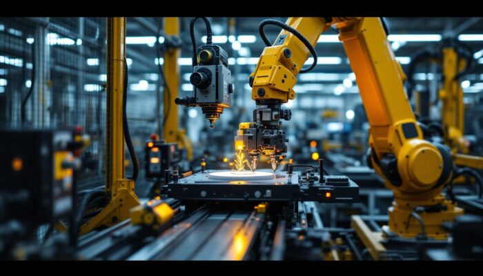 A photograph of capture a photograph of a 3d scanner in action alongside an industrial robotic arm