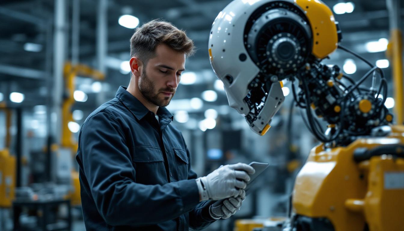 A photograph of a skilled mechanical engineer working alongside an industrial robot in a modern manufacturing environment