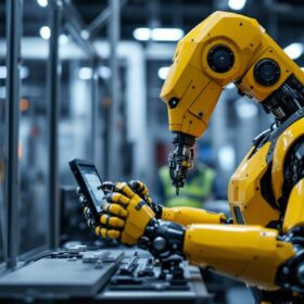 A photograph of a skilled technician operating a state-of-the-art industrial robot in a modern manufacturing environment