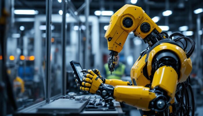 A photograph of a skilled technician operating a state-of-the-art industrial robot in a modern manufacturing environment