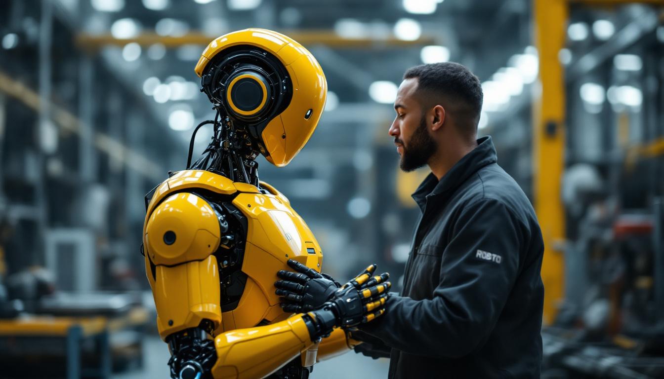 A photograph of a humanoid robot interacting with a human in an industrial setting