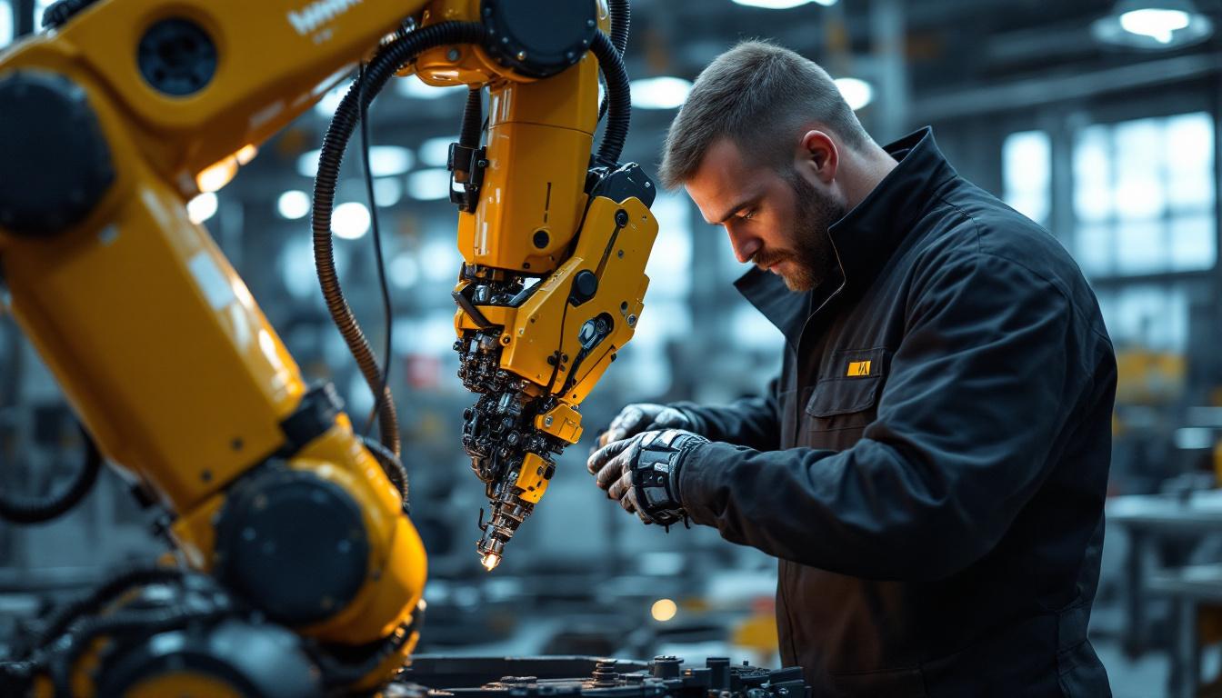 A photograph of a skilled mechanic or technician working on an industrial robot in a well-lit workshop