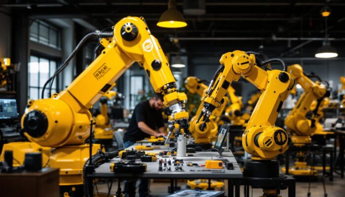 A photograph of a dynamic workspace in boston where designers and engineers collaborate on innovative industrial robotic prototypes