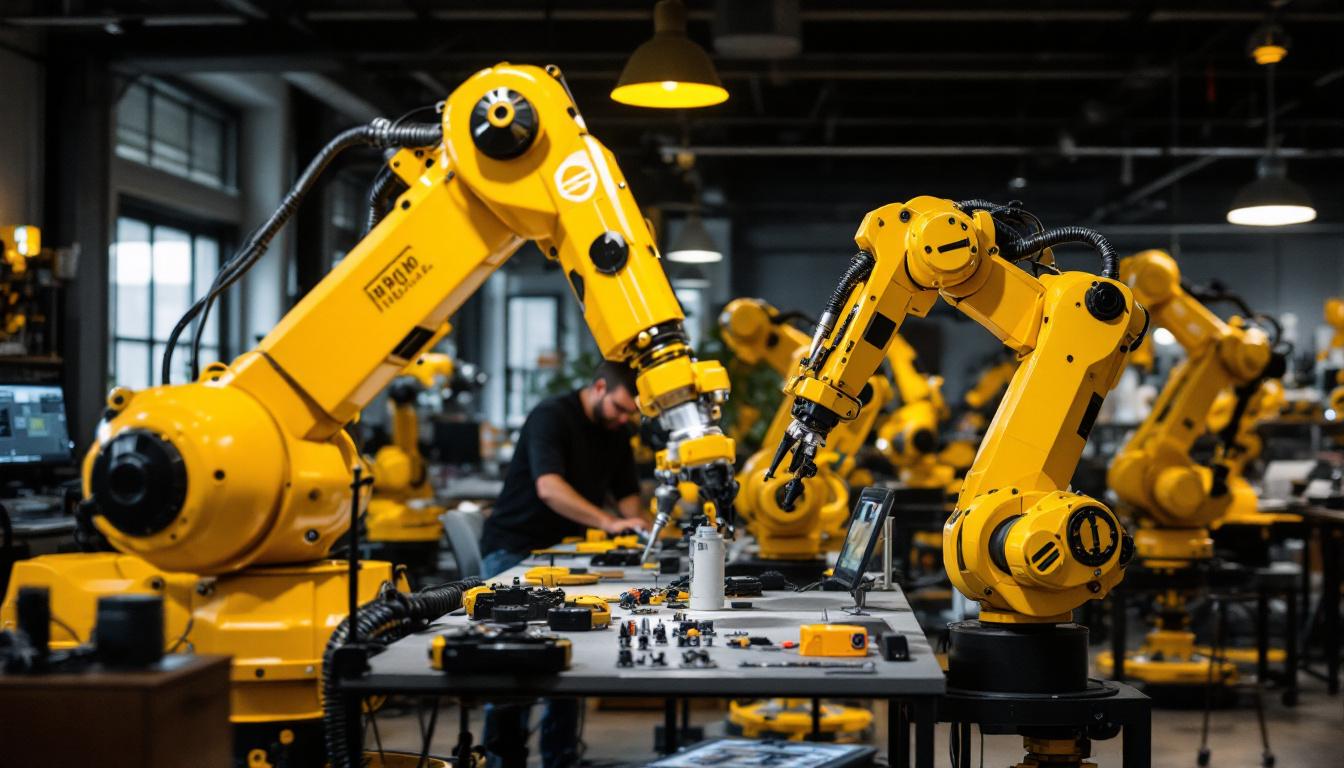 A photograph of a dynamic workspace in boston where designers and engineers collaborate on innovative industrial robotic prototypes