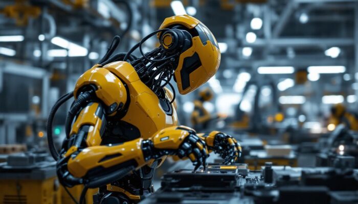 A photograph of a sleek industrial robot in action within a modern manufacturing environment