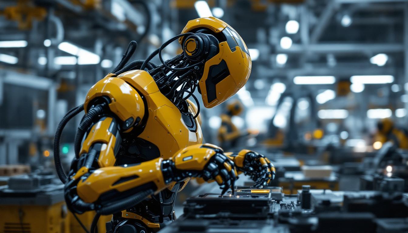 A photograph of a sleek industrial robot in action within a modern manufacturing environment