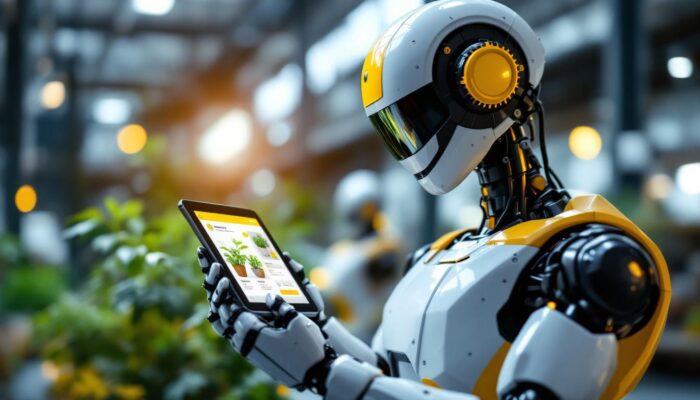 A photograph of a modern industrial robot interacting with a vibrant plant identification app on a tablet