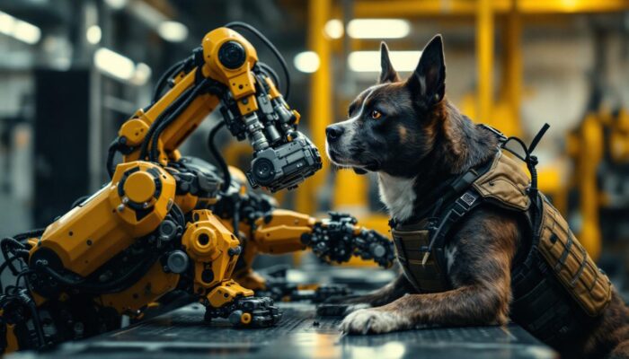 A photograph of a dynamic scene featuring a well-trained dog in a tactical vest engaging with an industrial robot in a workshop setting