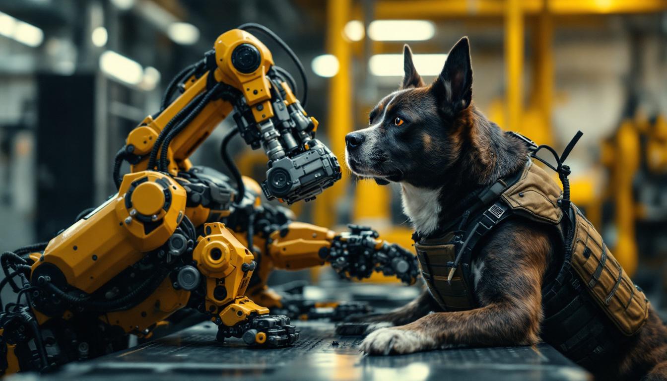 A photograph of a dynamic scene featuring a well-trained dog in a tactical vest engaging with an industrial robot in a workshop setting