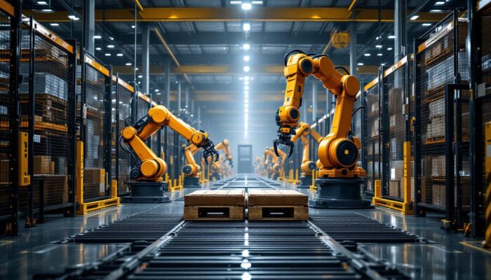 A photograph of capture a photograph of a dynamic warehouse scene showcasing industrial robots in action alongside van g logistics' operations