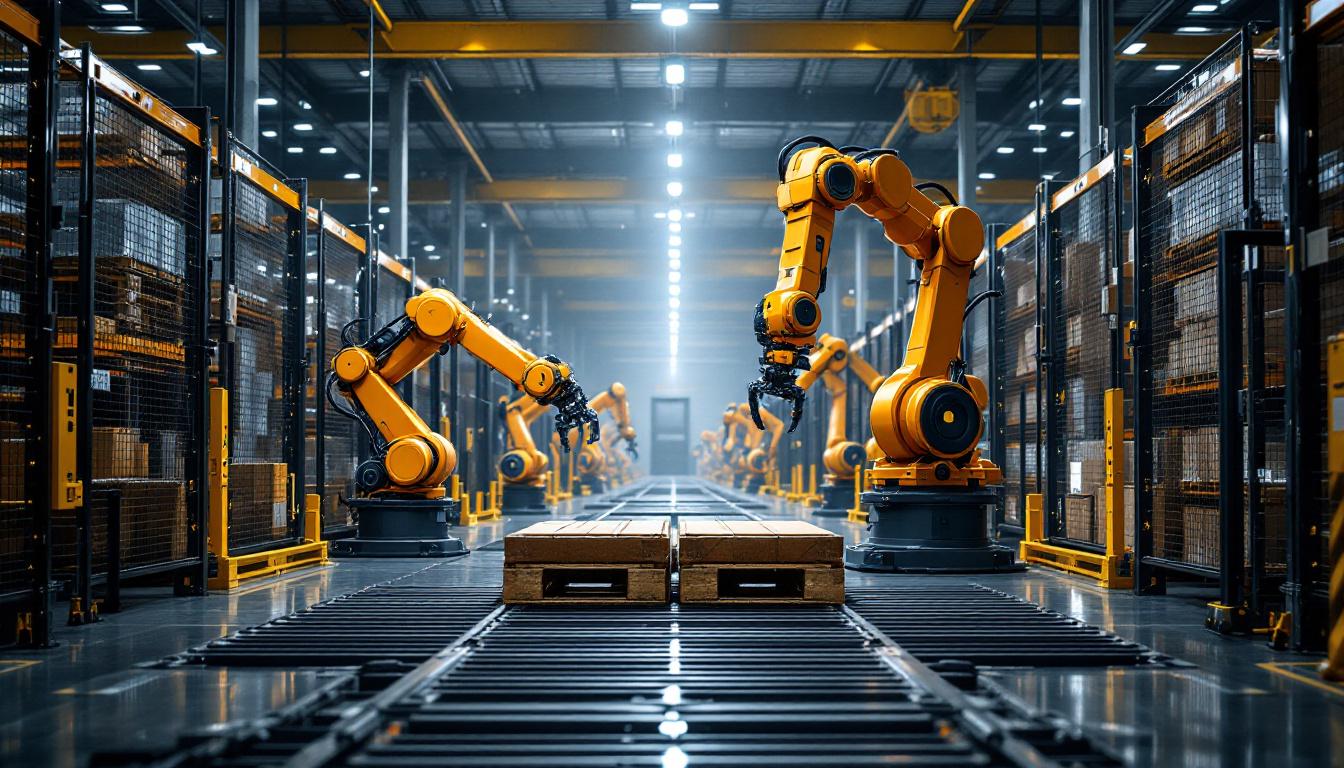 A photograph of capture a photograph of a dynamic warehouse scene showcasing industrial robots in action alongside van g logistics' operations