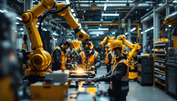 A photograph of a bustling industrial workspace where human workers and robotic arms collaborate seamlessly