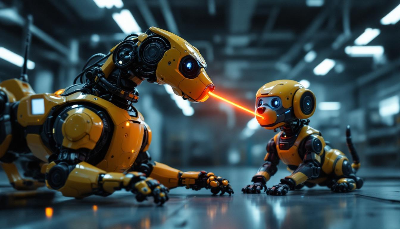 A photograph of a dynamic scene featuring a laser-equipped robotic dog interacting with an industrial robot in a high-tech environment