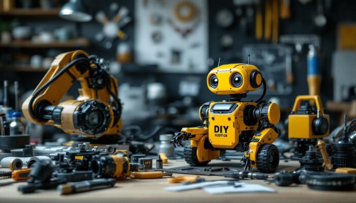 A photograph of a creative workspace featuring a homemade robot alongside industrial robotic components