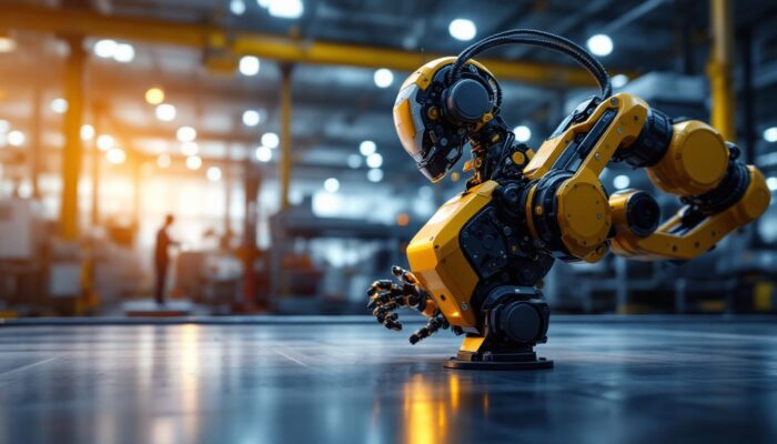 A photograph of a modern industrial robot in action on a factory floor