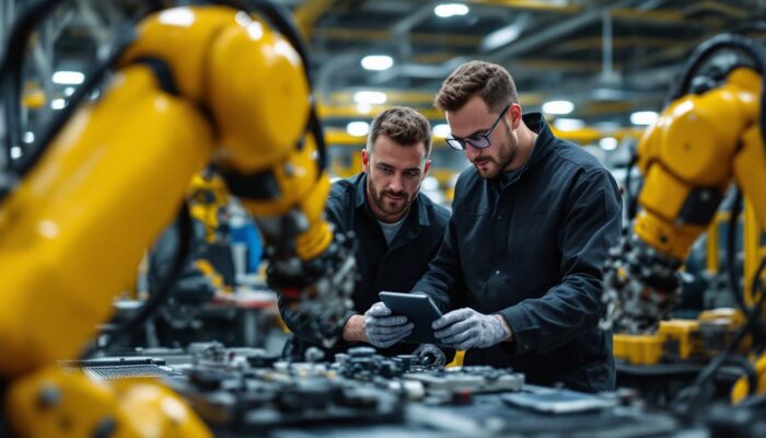 A photograph of a mechanical engineering manager in a modern industrial setting