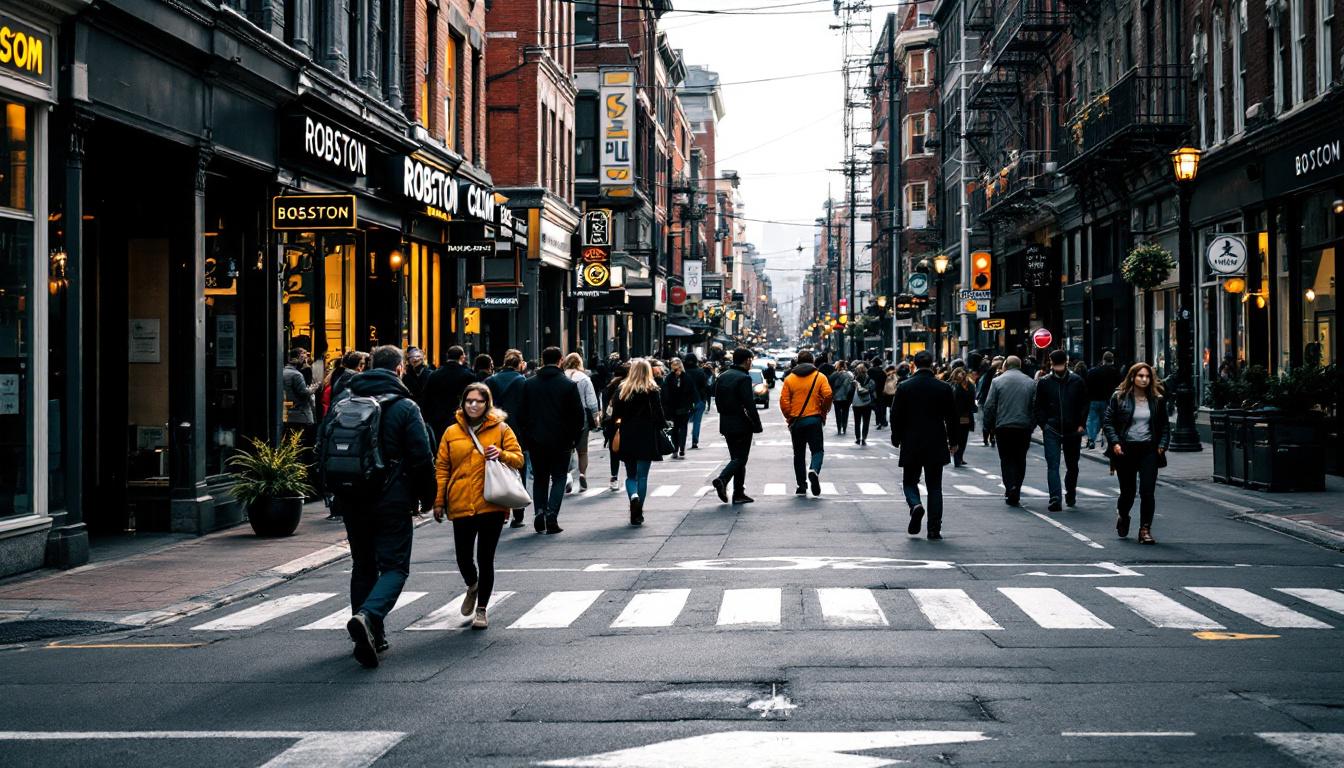 A photograph of capture a photograph of a bustling boston street scene that showcases a mix of urban life and modern technology