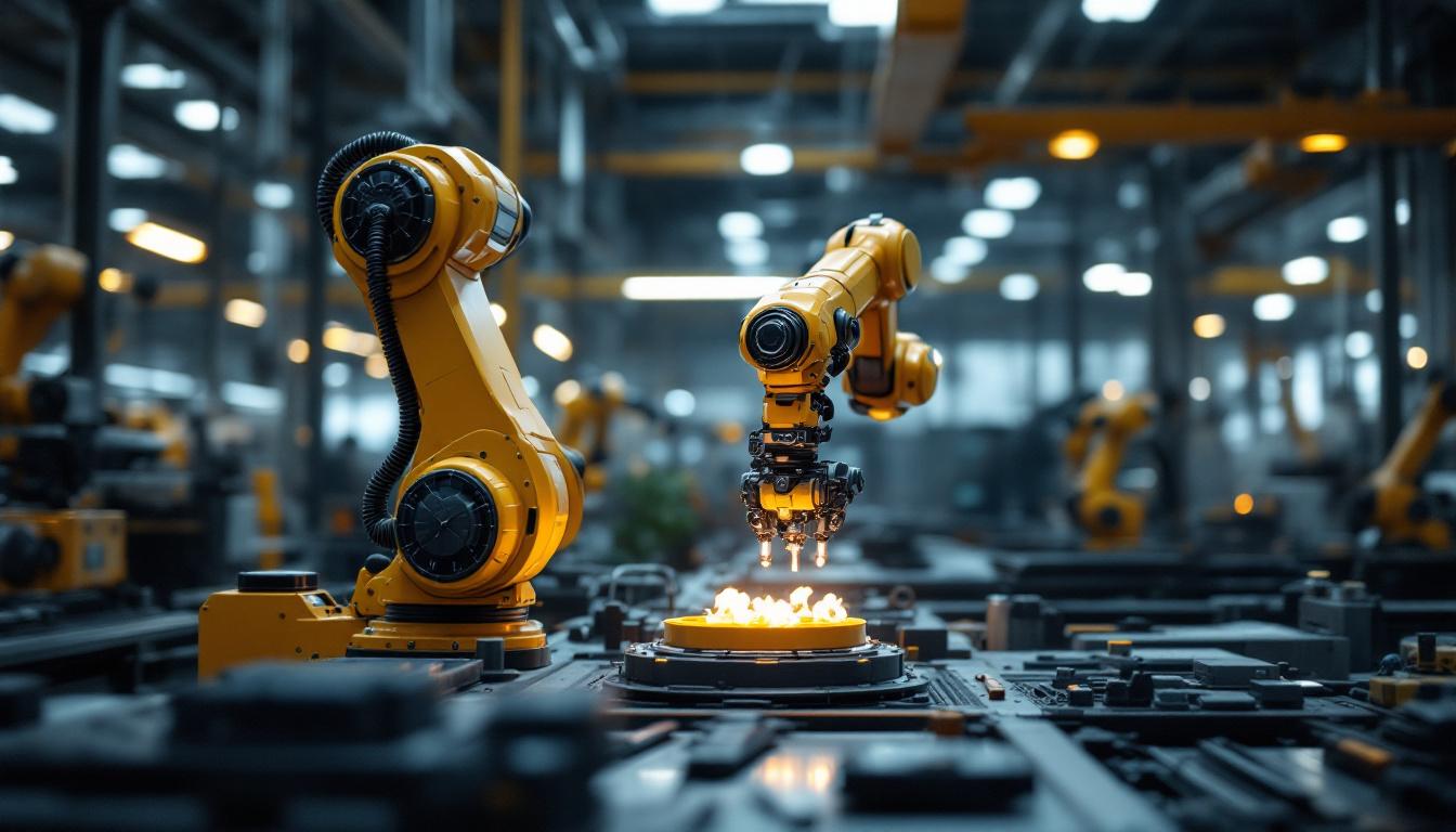 A photograph of a modern industrial robotic arm in action within a manufacturing setting