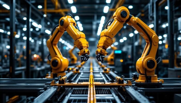 A photograph of capture a photograph of a dynamic industrial setting showcasing twin robotic arms working in tandem on an assembly line