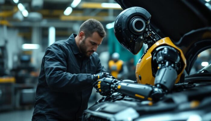 A photograph of a skilled mobile mechanic working on a car in an outdoor setting