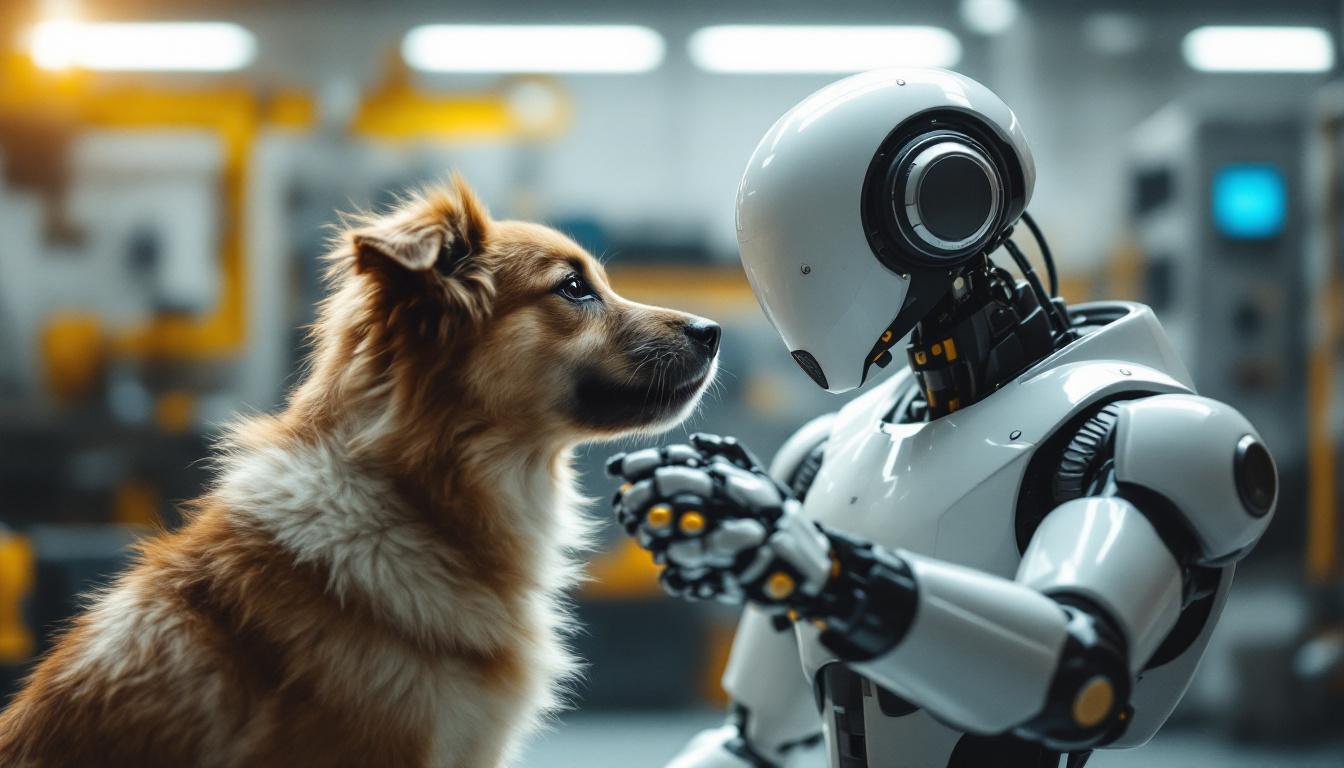 A photograph of a playful dog interacting with a sleek industrial robot in a dynamic setting