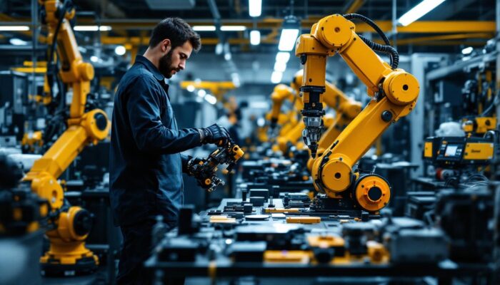 A photograph of a vibrant and dynamic workspace showcasing a skilled technician working with industrial robots