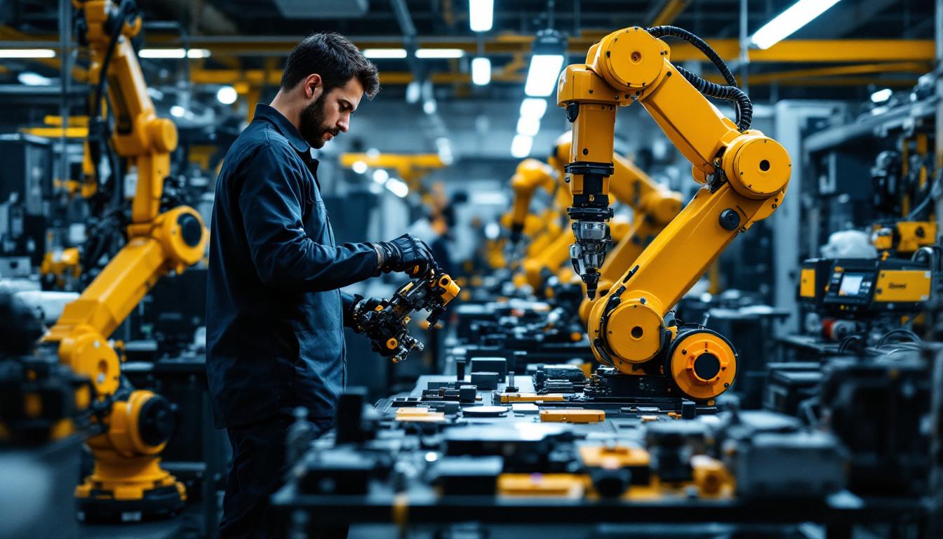 A photograph of a vibrant and dynamic workspace showcasing a skilled technician working with industrial robots