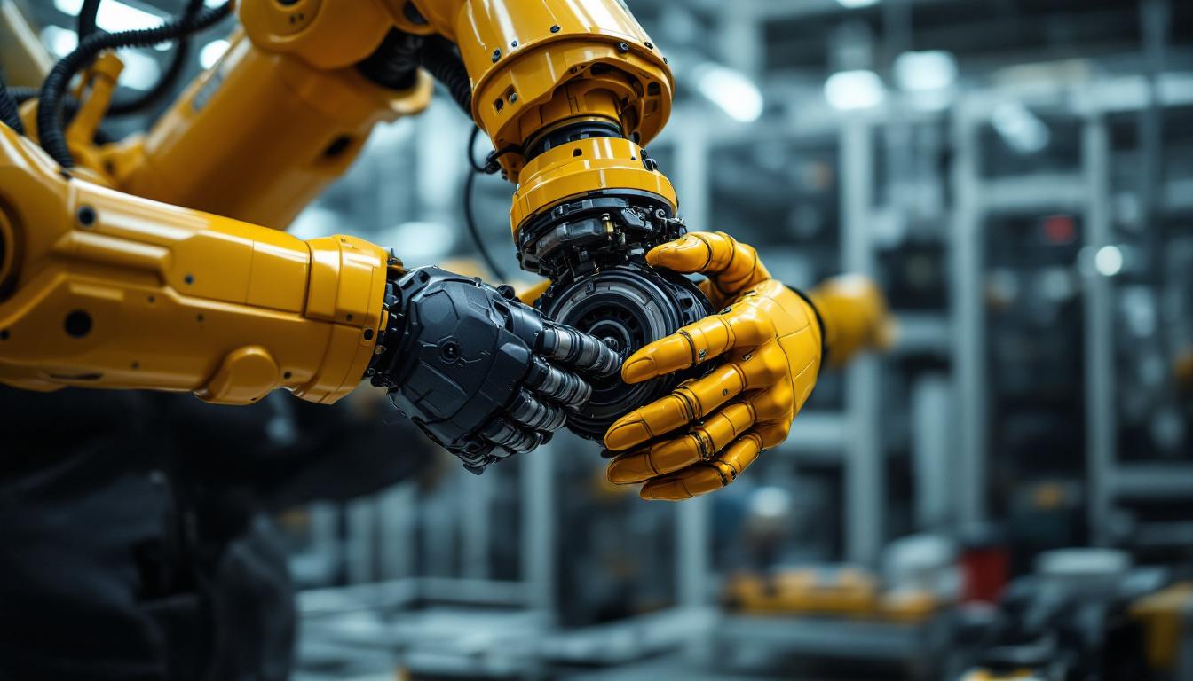 A photograph of a skilled technician replacing a wheel on an industrial robot