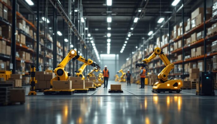 A photograph of a dynamic warehouse environment showcasing a variety of industrial robots in action