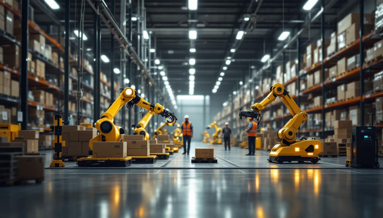 A photograph of a dynamic warehouse environment showcasing a variety of industrial robots in action