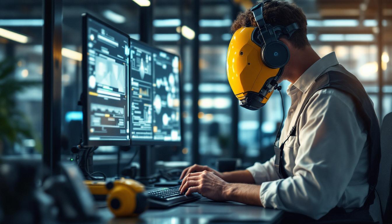 A photograph of a dynamic scene showcasing a technician providing it support in a modern office environment