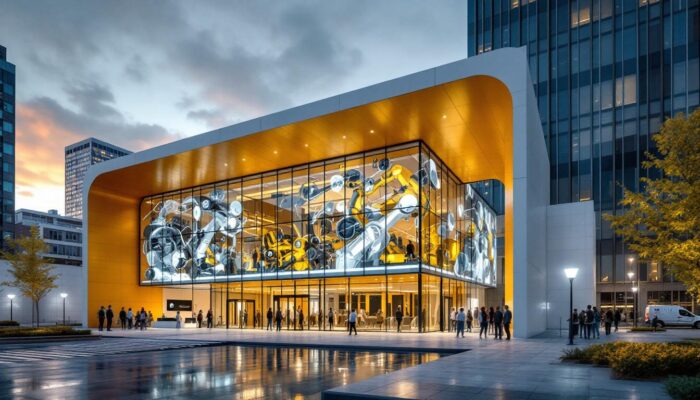 A photograph of the boston university visitor center showcasing its modern architecture